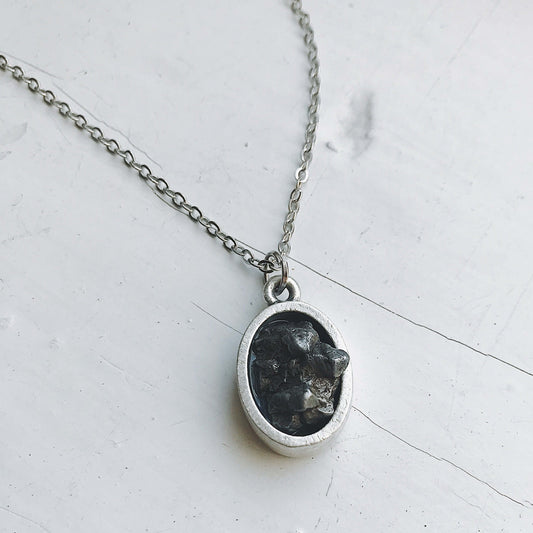 Oval Raw Meteorite Pendant Necklace in Matte Brushed Silver | Unique Meteorite Pendant Necklace - Starry Silver Gift